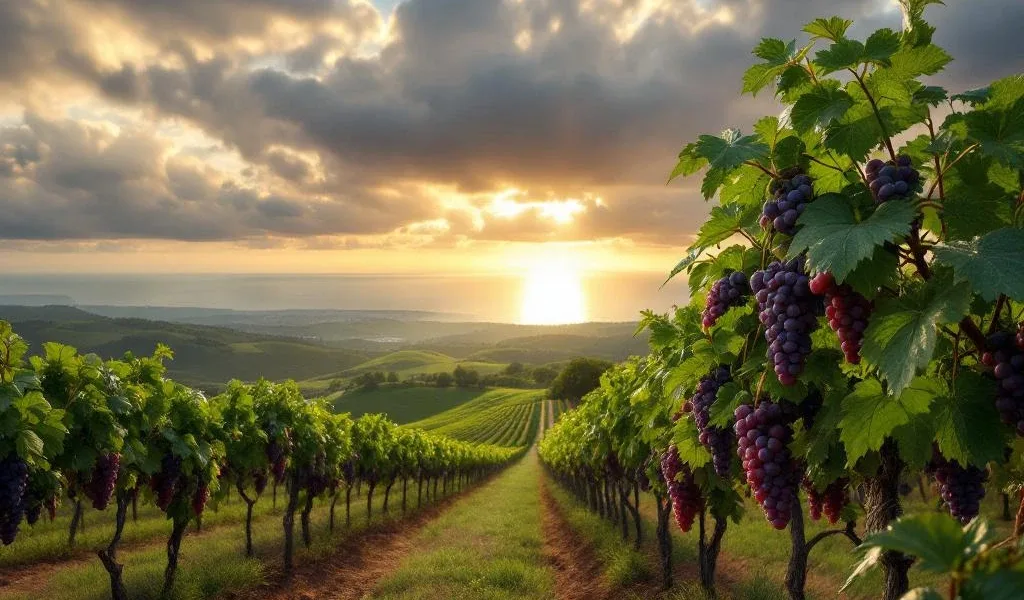 Uruguayaanse wijngaard met Tannat druiven, glooiende heuvels, Atlantische Oceaan op achtergrond en dramatische lucht