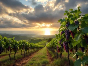 uruguay-wijngaard-tannat-druiven-atlantische-oceaan.jpg Uruguayaanse wijngaard met Tannat druiven, glooiende heuvels, Atlantische Oceaan op achtergrond en dramatische lucht