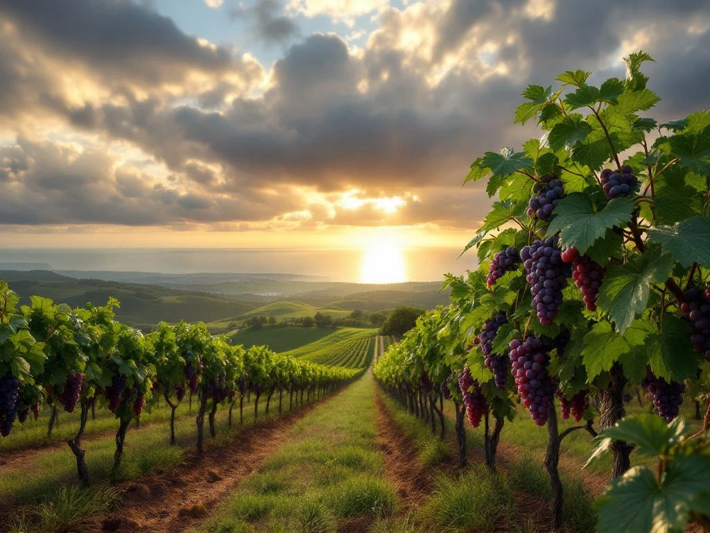 Uruguayaanse wijngaard met Tannat druiven, glooiende heuvels, Atlantische Oceaan op achtergrond en dramatische lucht