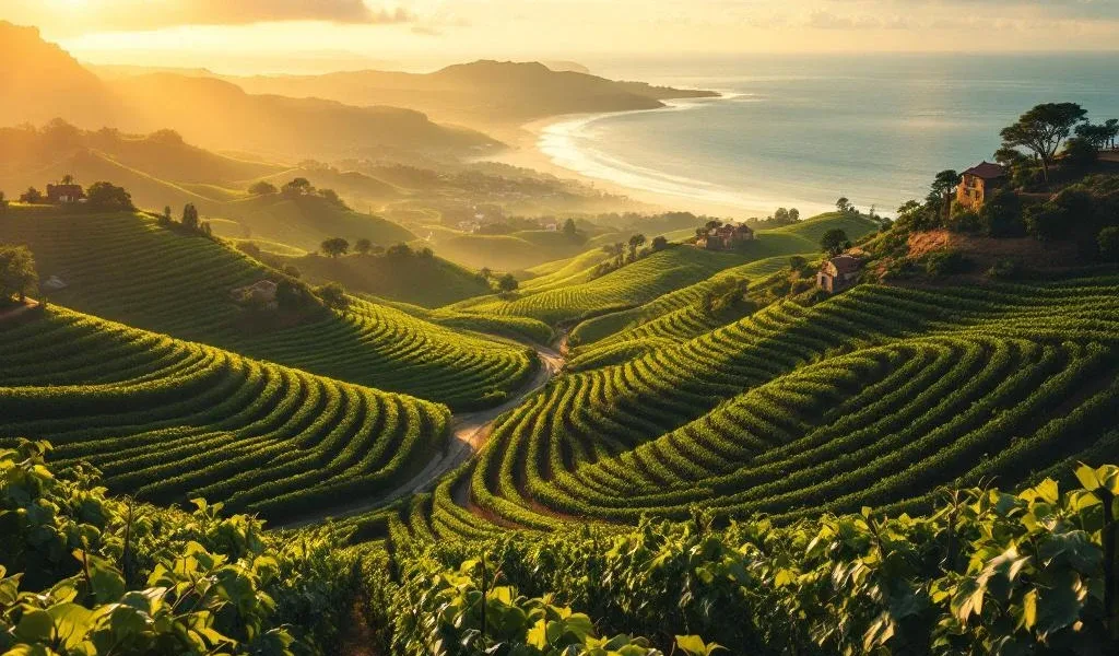 Luchtfoto van Uruguay's wijngaarden met Tannat druiven, heuvels en Atlantische kust op achtergrond