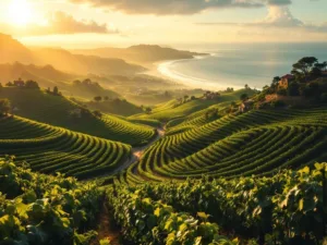 Luchtfoto van Uruguay's wijngaarden met Tannat druiven, heuvels en Atlantische kust op achtergrond