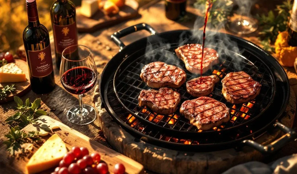 Gegrilde biefstuk en groenten op barbecue met Uruguayaanse wijn die in kristallen glas wordt geschonken bij zonsondergang
