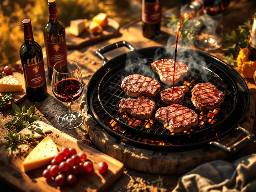 uruguayaanse-wijn-barbecue-grill-steak.jpg Gegrilde biefstuk en groenten op barbecue met Uruguayaanse wijn die in kristallen glas wordt geschonken bij zonsondergang