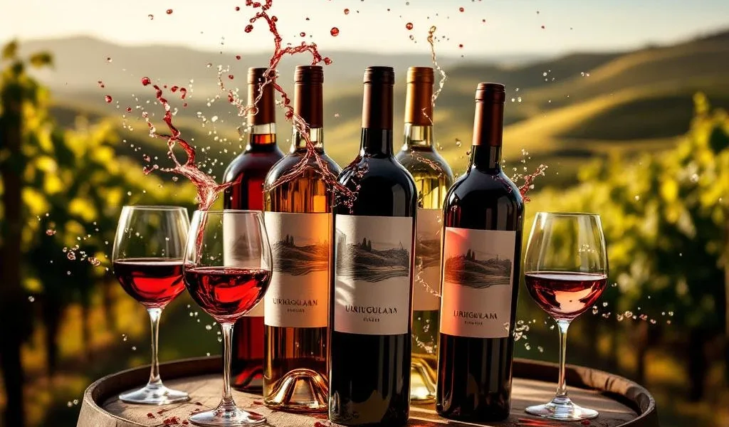 Vijf elegante Uruguayaanse wijnflessen op houten vat met wijnglazen en wijngaard achtergrond