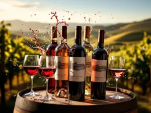 Vijf elegante Uruguayaanse wijnflessen op houten vat met wijnglazen en wijngaard achtergrond