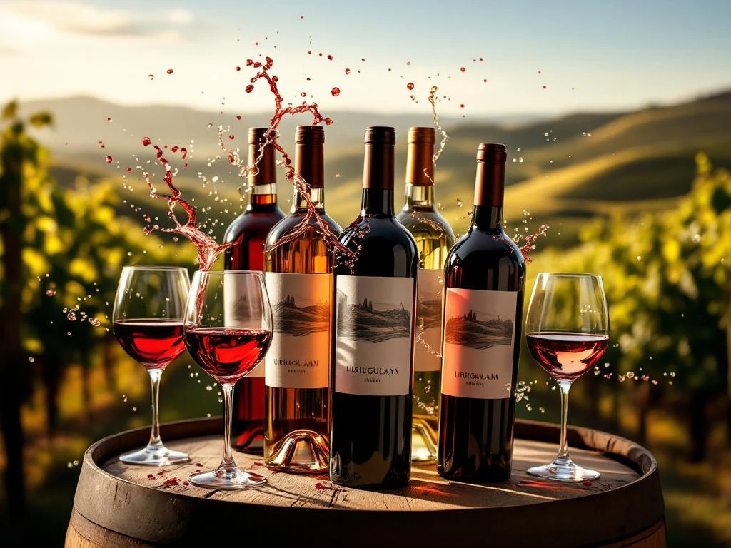 Vijf elegante Uruguayaanse wijnflessen op houten vat met wijnglazen en wijngaard achtergrond