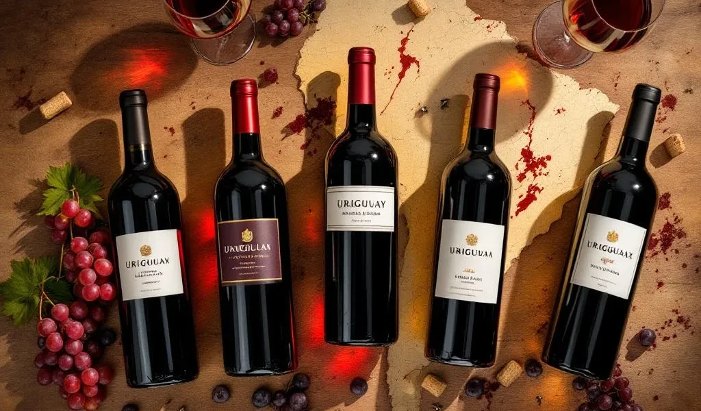 Vijf elegante Uruguayaanse wijnflessen in halve cirkel op rustieke houten tafel met druiven en glazen