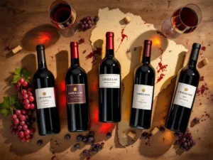 Vijf elegante Uruguayaanse wijnflessen in halve cirkel op rustieke houten tafel met druiven en glazen