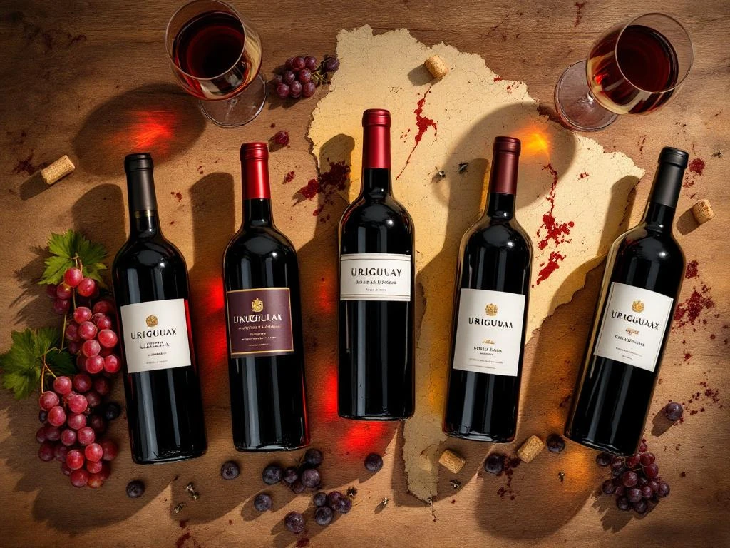 Vijf elegante Uruguayaanse wijnflessen in halve cirkel op rustieke houten tafel met druiven en glazen