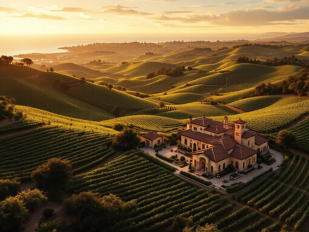 Luchtfoto van Uruguayaanse wijngaarden met golvende heuvels, wijndomein en Atlantische Oceaan op de achtergrond