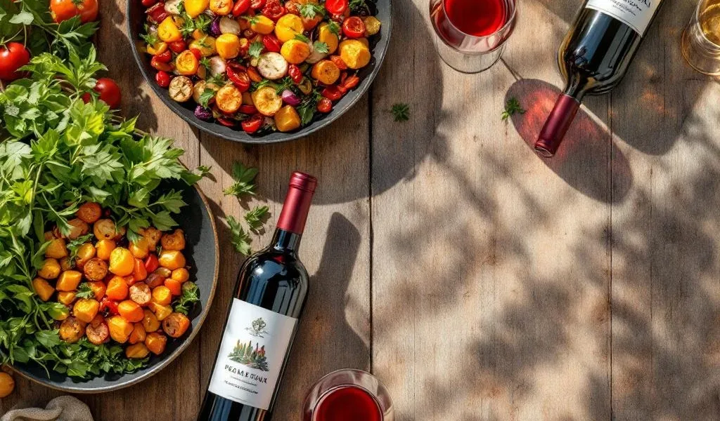 Elegante houten tafel met kleurrijke vegetarische gerechten en premium wijnen in warm natuurlijk licht