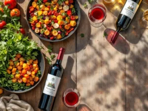 Elegante houten tafel met kleurrijke vegetarische gerechten en premium wijnen in warm natuurlijk licht