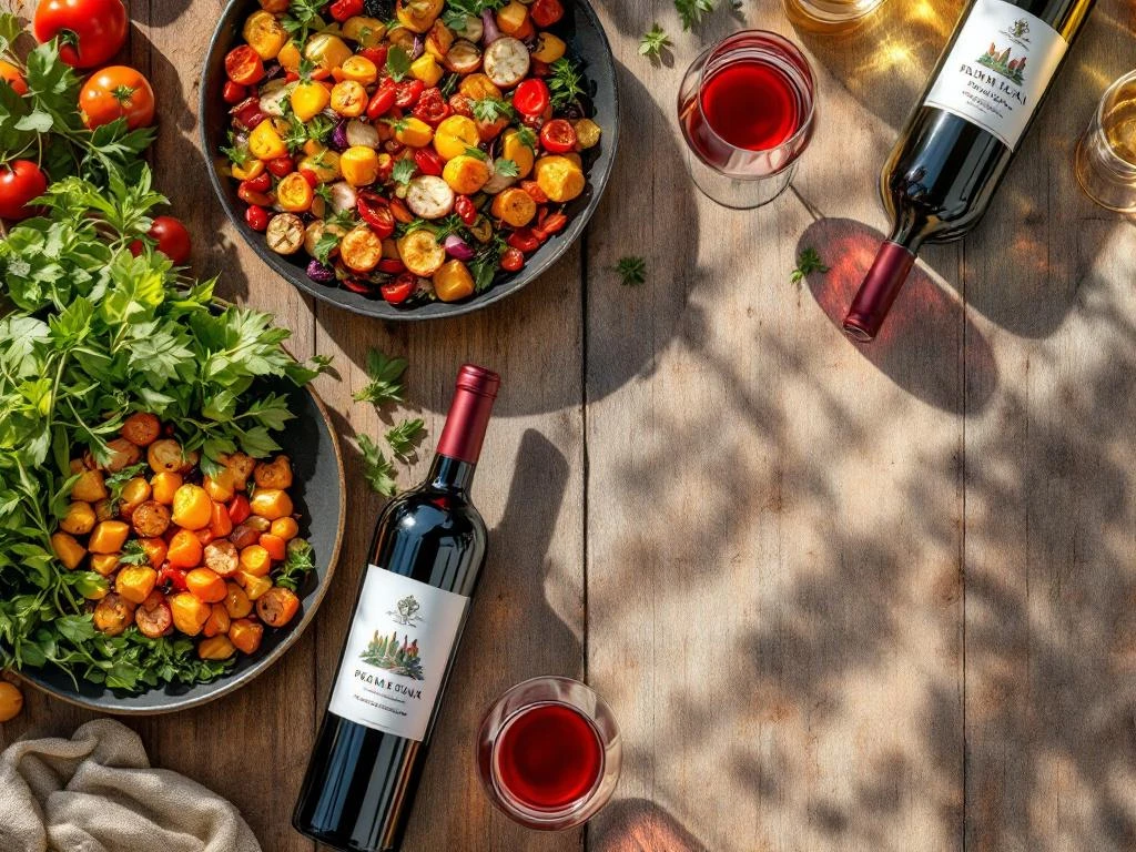 vegetarische-wijn-pairing-houten-tafel-feast.jpg Elegante houten tafel met kleurrijke vegetarische gerechten en premium wijnen in warm natuurlijk licht