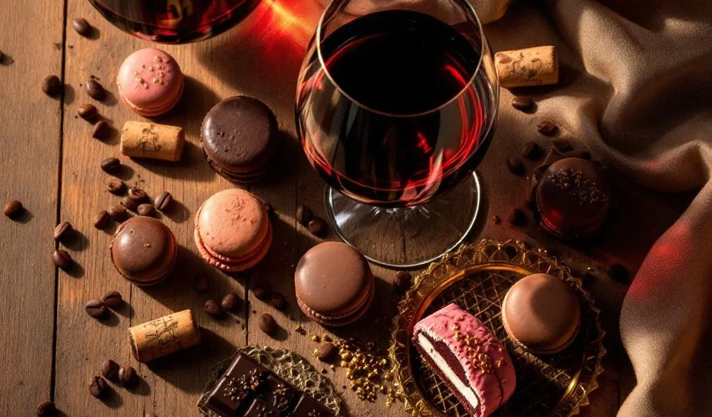Luxe wijn en chocolade pairing met rode wijn, truffels en macarons op houten achtergrond in warm gouden licht