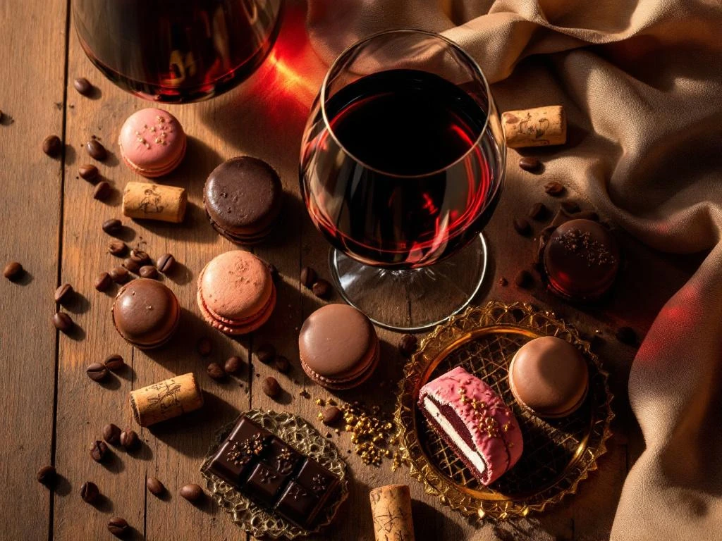 Luxe wijn en chocolade pairing met rode wijn, truffels en macarons op houten achtergrond in warm gouden licht