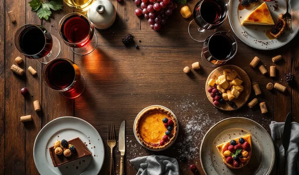 Elegante wijnproeverij met rode en witte wijnen, chocoladetaart, crème brûlée en verse bessen op houten tafel