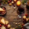 Glas rode wijn met kaas en charcuterie op rustieke houten tafel, warm kaarslicht, wijnproeverij arrangement