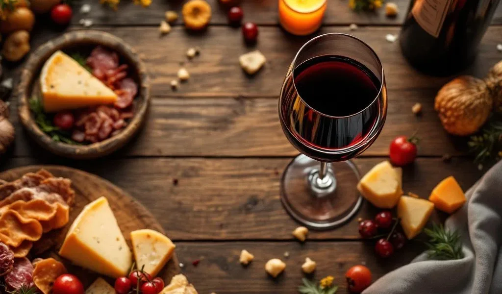 Glas rode wijn met kaas en charcuterie op rustieke houten tafel, warm kaarslicht, wijnproeverij arrangement