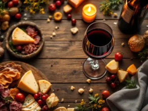 Glas rode wijn met kaas en charcuterie op rustieke houten tafel, warm kaarslicht, wijnproeverij arrangement