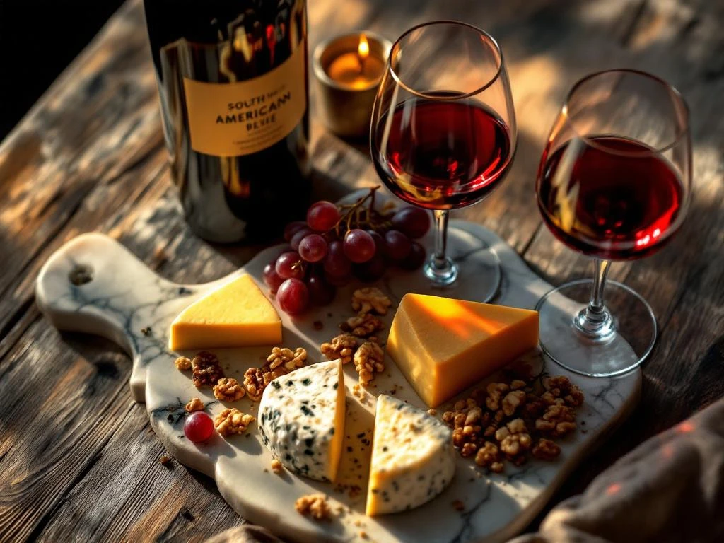 Wijn en kaas arrangement van bovenaf: rode wijn in kristallen glazen met artisanale kazen, druiven en walnoten op marmeren plank