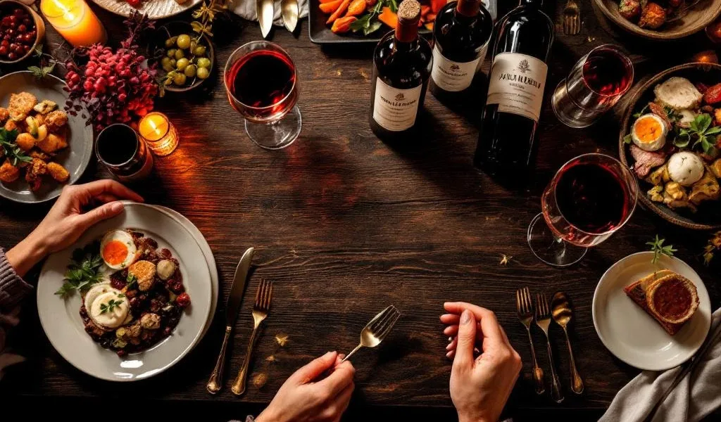 Luxe diner tafel van bovenaf met gourmet gerechten, Zuid-Amerikaanse wijnen in kristallen glazen bij kaarslicht