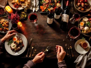 Luxe diner tafel van bovenaf met gourmet gerechten, Zuid-Amerikaanse wijnen in kristallen glazen bij kaarslicht