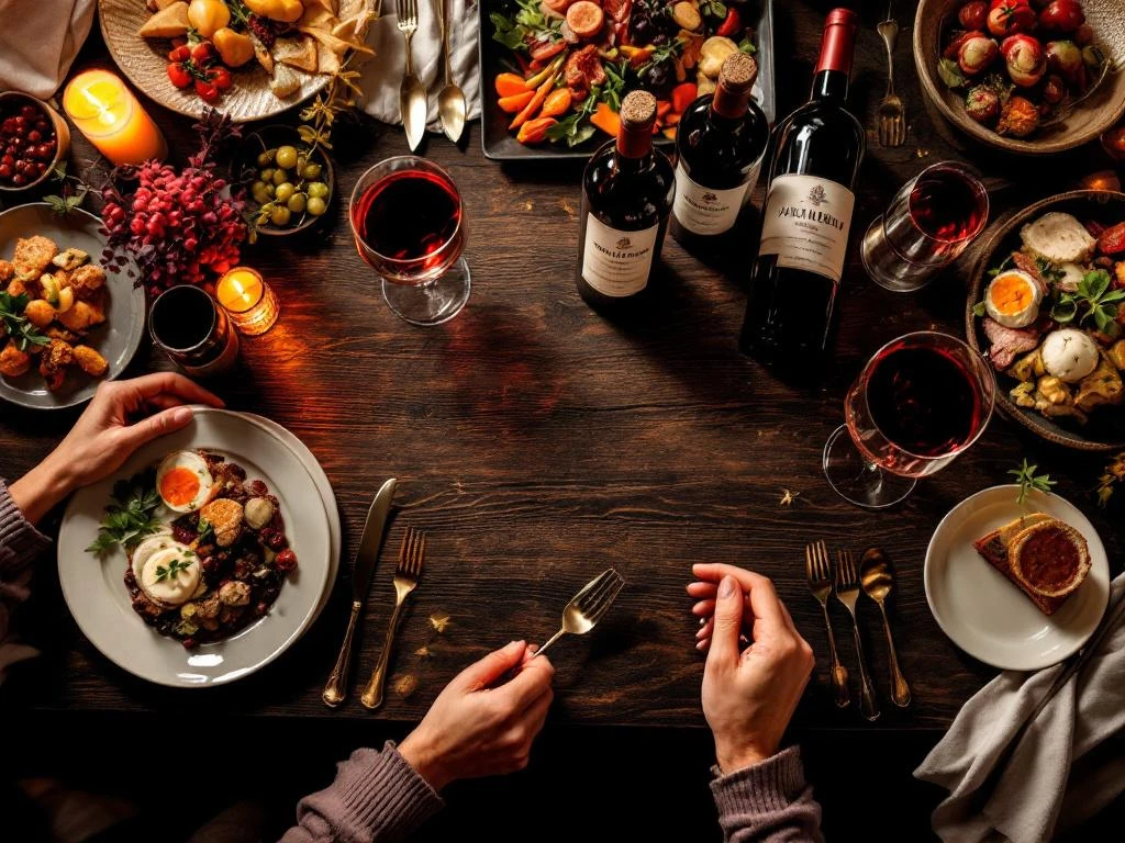 Luxe diner tafel van bovenaf met gourmet gerechten, Zuid-Amerikaanse wijnen in kristallen glazen bij kaarslicht