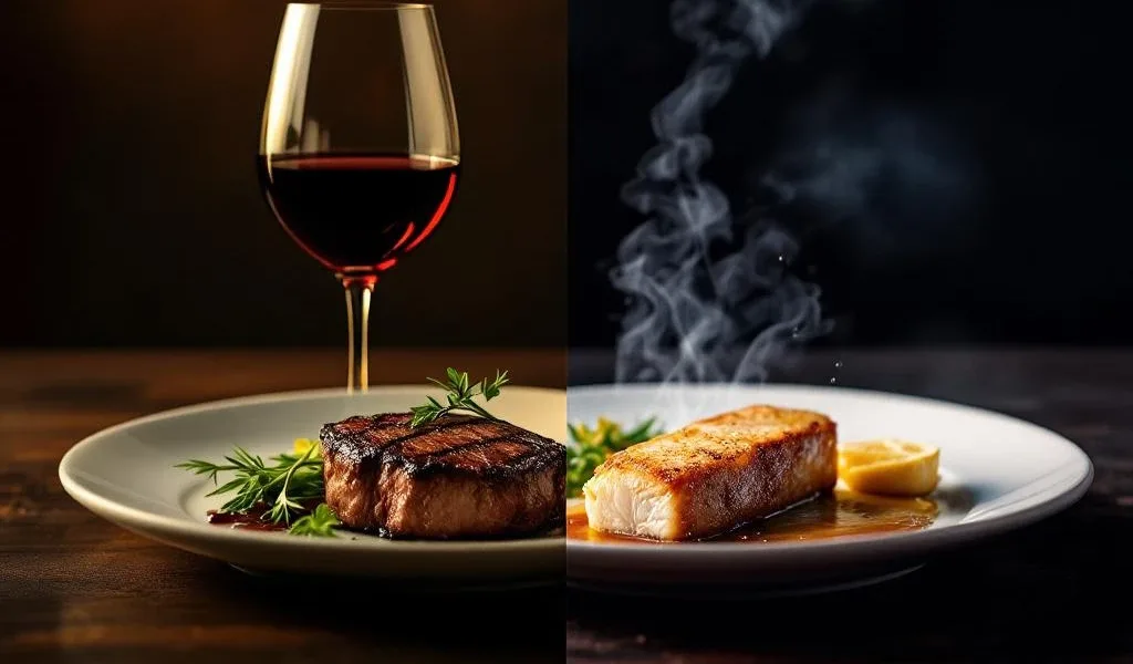 Splitscreen van rode wijn met gegrilde biefstuk (juiste pairing) versus rode wijn met vis (verkeerde pairing) op houten tafel