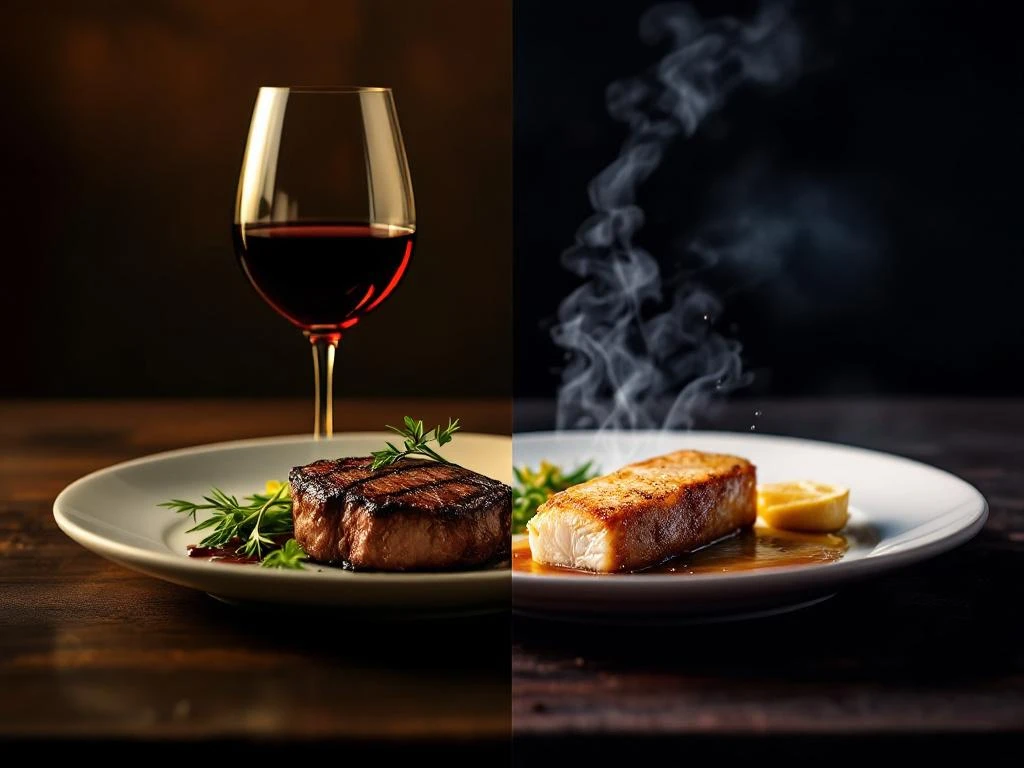 wijn-spijs-combinaties-bordeaux-biefstuk-pairing.jpg Splitscreen van rode wijn met gegrilde biefstuk (juiste pairing) versus rode wijn met vis (verkeerde pairing) op houten tafel