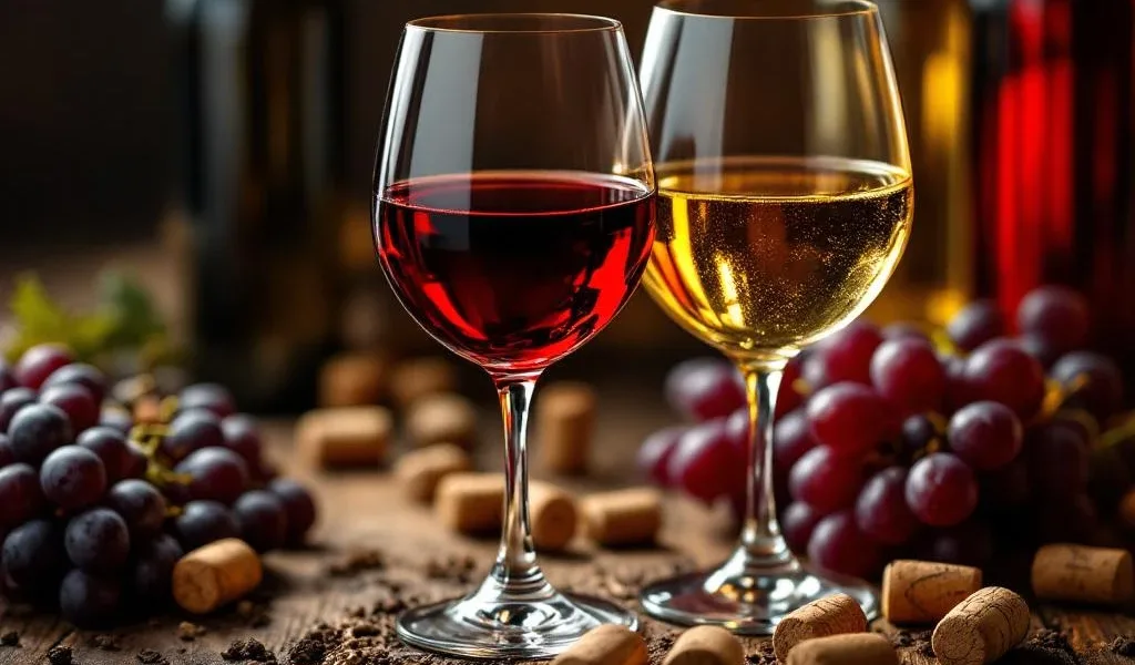 Elegante wijnglazen met rode en witte wijn op rustiek hout met druiven en kurken, warme sfeerverlichting