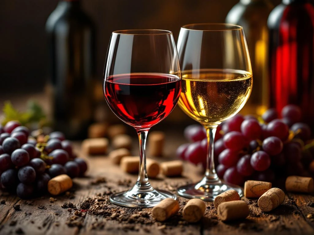 Elegante wijnglazen met rode en witte wijn op rustiek hout met druiven en kurken, warme sfeerverlichting
