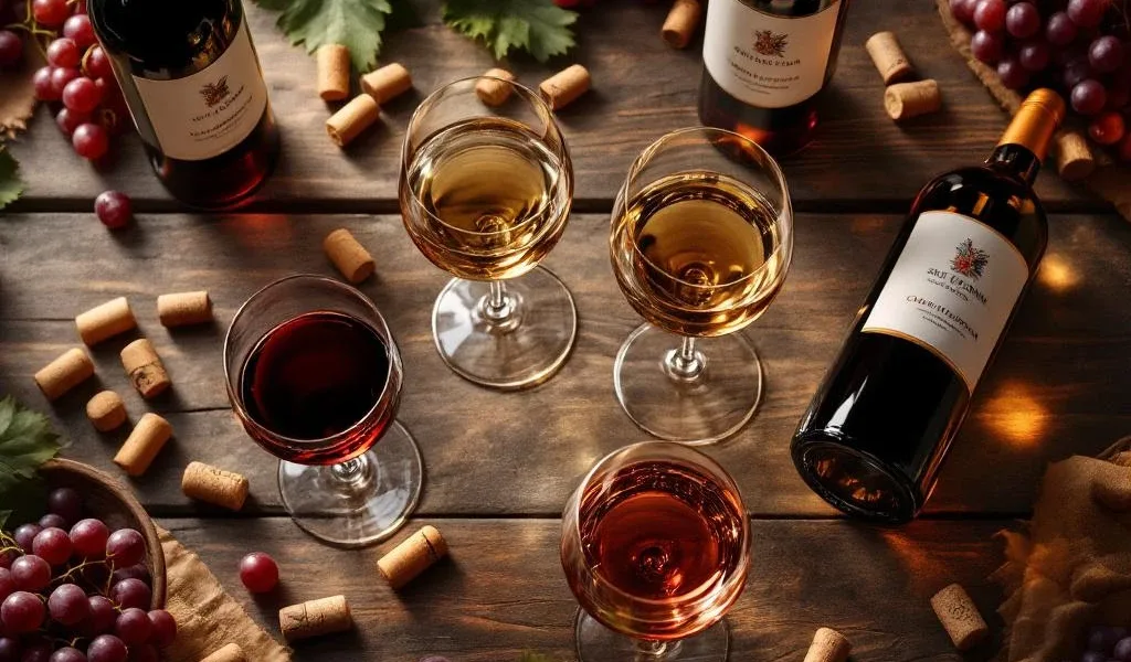 Elegante wijnproeverij met glazen rode, witte en rosé wijn, Zuid-Amerikaanse flessen op rustieke houten tafel