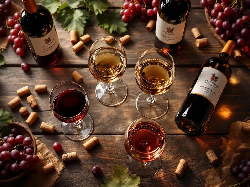 Elegante wijnproeverij met glazen rode, witte en rosé wijn, Zuid-Amerikaanse flessen op rustieke houten tafel