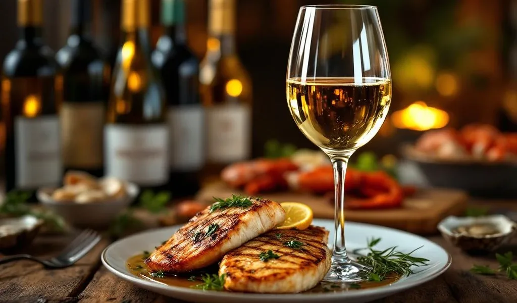 Wit wijnglas naast gegrilde vis met kruiden op rustieke houten tafel met Zuid-Amerikaanse wijnen en zeevruchten