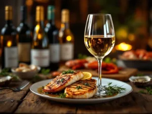 Wit wijnglas naast gegrilde vis met kruiden op rustieke houten tafel met Zuid-Amerikaanse wijnen en zeevruchten