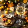 Glas witte wijn met kaasplankje, oesters en bruschetta op houten tafel met warme verlichting