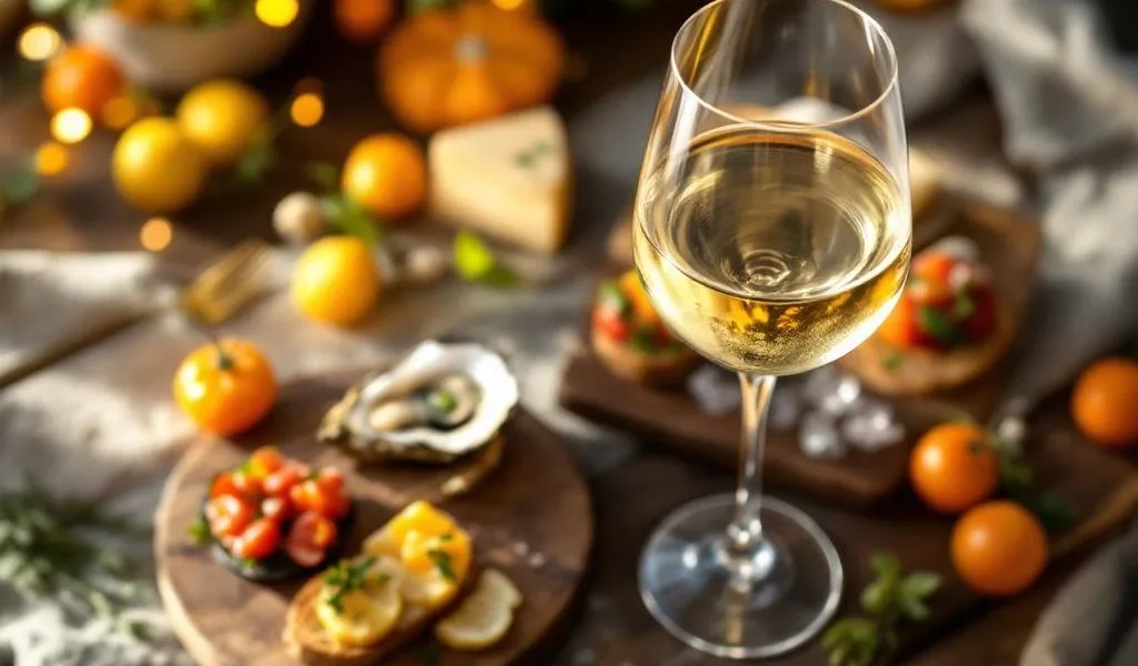 Glas witte wijn met kaasplankje, oesters en bruschetta op houten tafel met warme verlichting