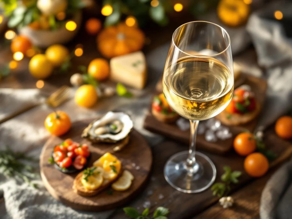 Glas witte wijn met kaasplankje, oesters en bruschetta op houten tafel met warme verlichting