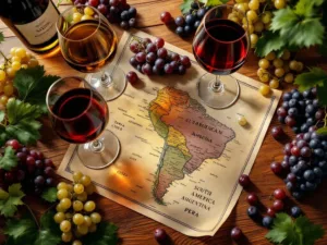 Wijnglazen met rode en witte Zuid-Amerikaanse wijnen op houten tafel met kaart van Uruguay, Argentinië, Chili en Peru