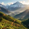 Terrasvormige wijngaarden op hellingen van besneeuwde Andes bergen met gouden zonlicht en ochtendmist