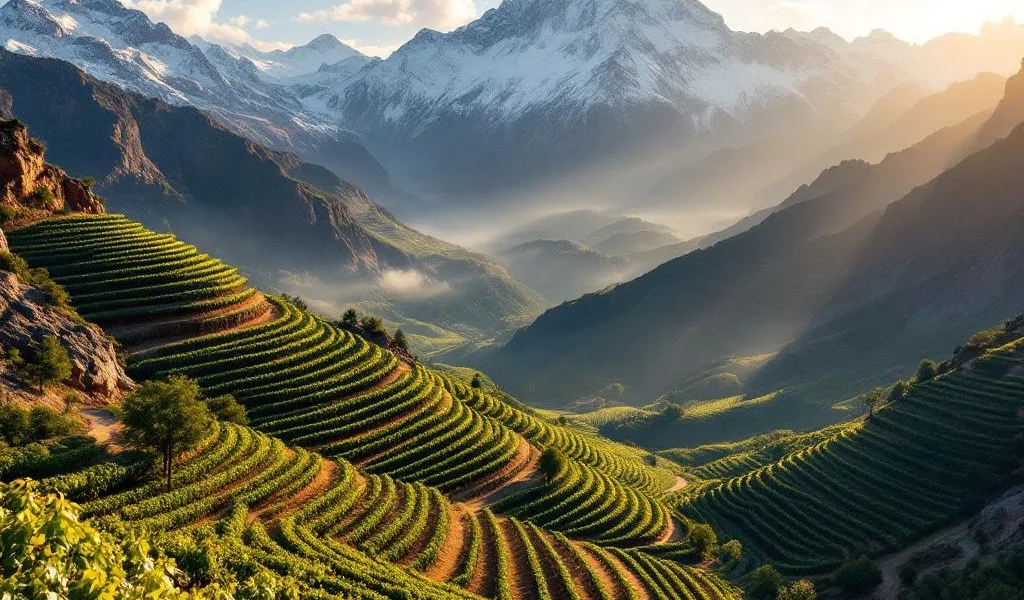 Terrasvormige wijngaarden op hellingen van besneeuwde Andes bergen met gouden zonlicht en ochtendmist