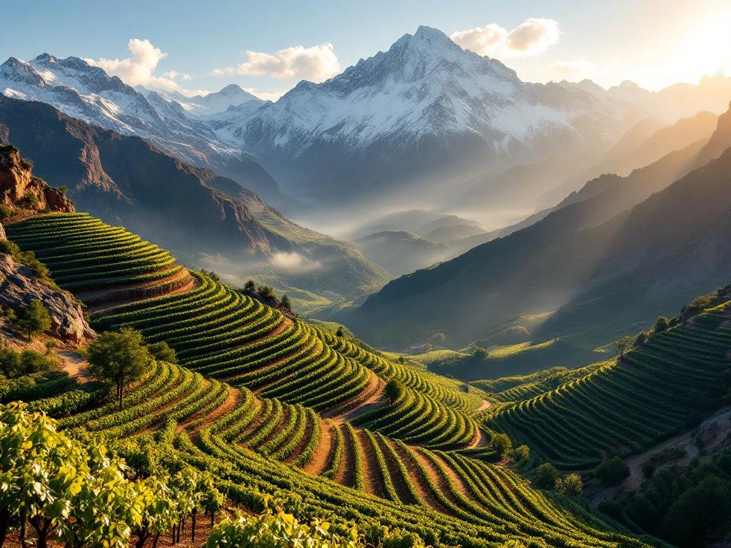 andes-wijngaarden-terrassen-berglandschap-luchtfoto.jpg Terrasvormige wijngaarden op hellingen van besneeuwde Andes bergen met gouden zonlicht en ochtendmist