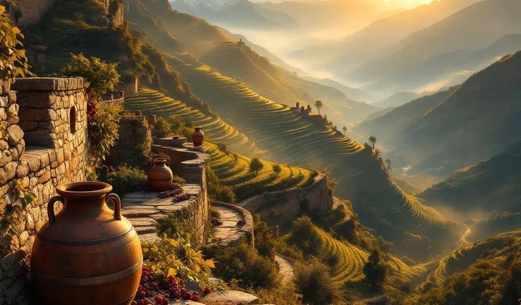 Luchtfoto van eeuwenoude terrasvormige wijngaarden in de Andes bij zonsondergang met stenen muren en wijnvaten