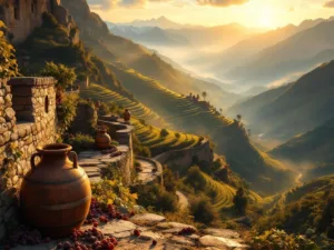 Luchtfoto van eeuwenoude terrasvormige wijngaarden in de Andes bij zonsondergang met stenen muren en wijnvaten