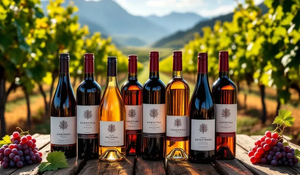 Zeven elegante wijnflessen op houten planken met wijngaarden en Andes-gebergte op de achtergrond in Zuid-Amerika