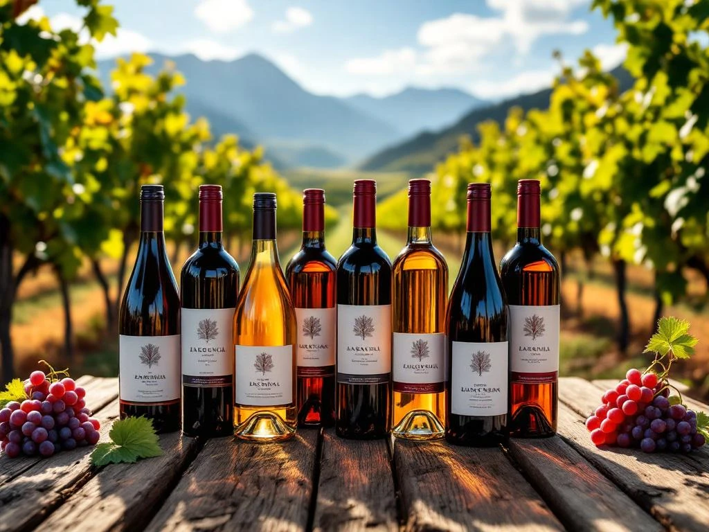 Zeven elegante wijnflessen op houten planken met wijngaarden en Andes-gebergte op de achtergrond in Zuid-Amerika