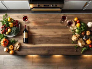 Moderne keukeneiland met wijnflessen, glazen, verse ingrediënten en artisanaal brood in warme verlichting