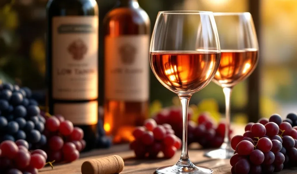 Elegante wijnglazen gevuld met lichte rode wijn op rustieke houten tafel met Zuidamerikaanse wijnflessen op achtergrond