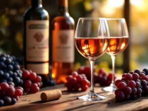 Elegante wijnglazen gevuld met lichte rode wijn op rustieke houten tafel met Zuidamerikaanse wijnflessen op achtergrond