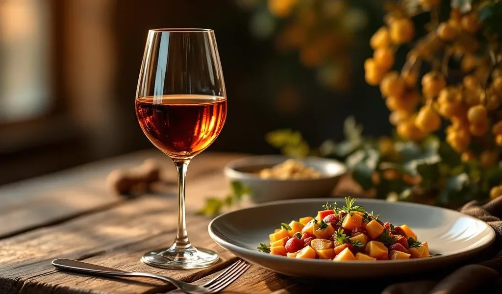 Glas amber natuurwijn naast modern gerecht op rustieke houten tafel met warme verlichting en wijngaard achtergrond